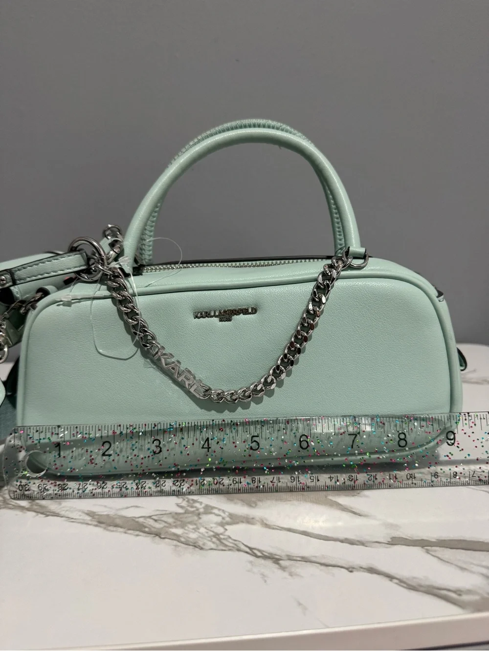 Karl Lagerfeld Mint Green Leather Barrel Crossbody with Chain